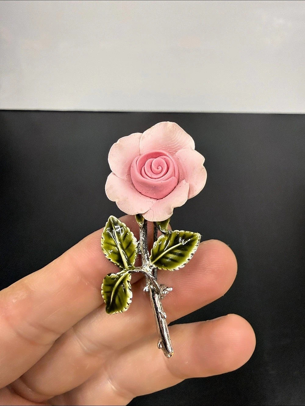 Vintage Pink Rose Brooch Sculpted Flower Green Enamel Leaves Silver Tone Pin